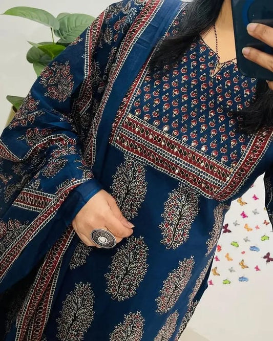 Beautiful Flower Print Kurti With Pant And Dupatta Set