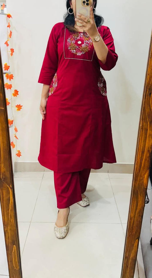Red Soft Cotton Slub Embroidery Work Kurt Set