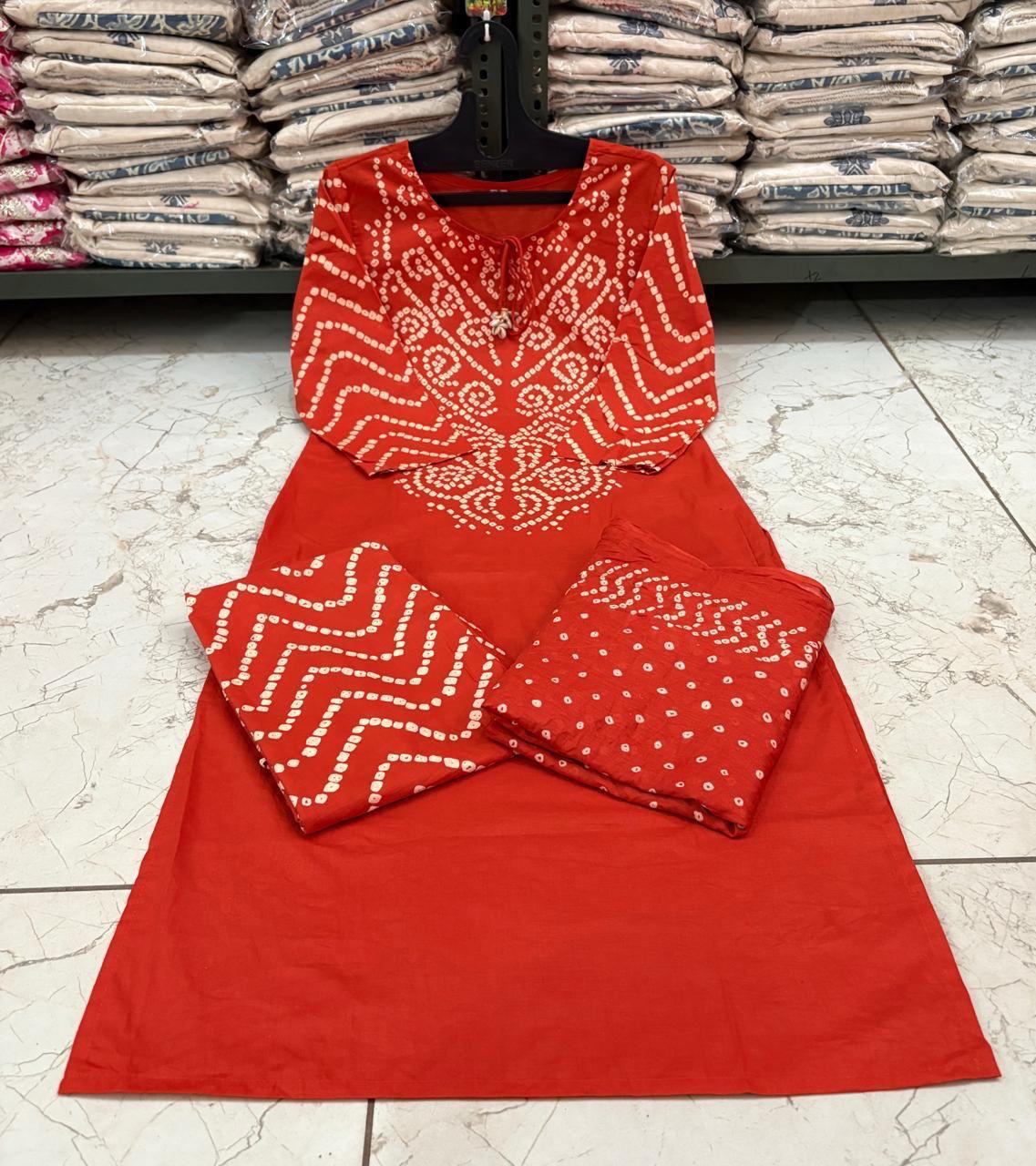 Orange Bandhani A-Line Kurta Set with Tassels