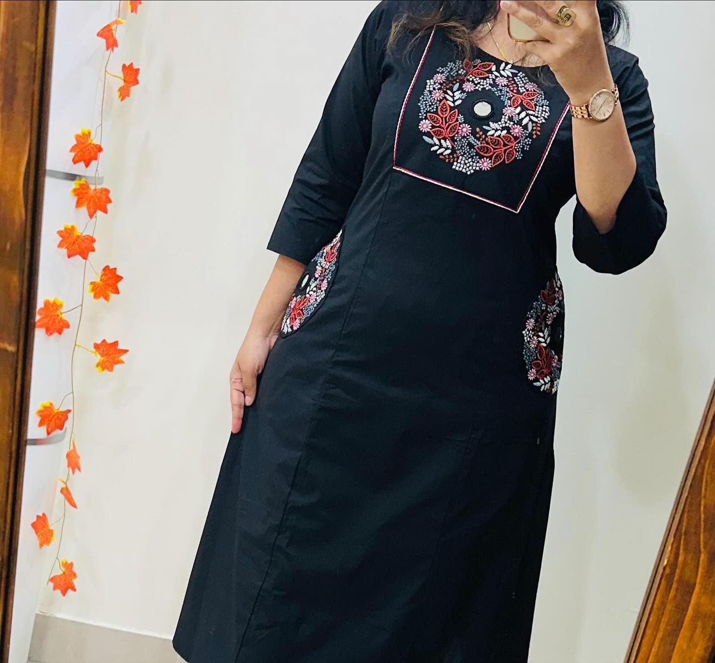 Black Soft Cotton Slub Embroidery Work Kurt Set