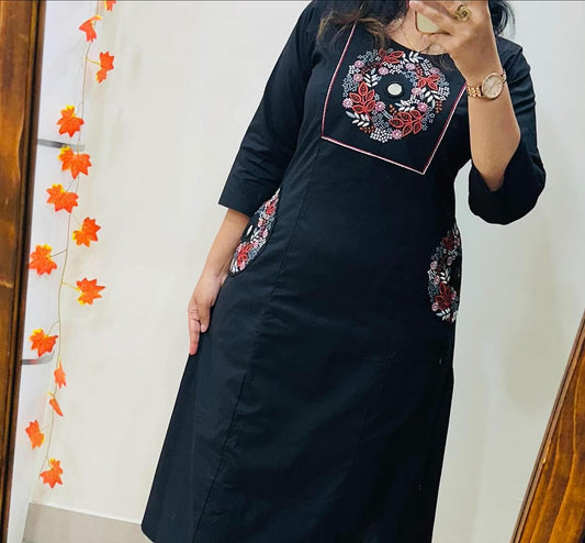 Black Soft Cotton Slub Embroidery Work Kurt Set