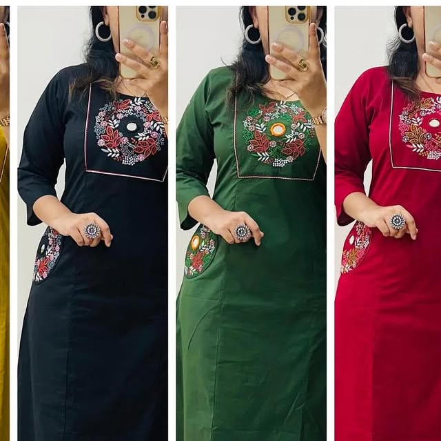 Black Soft Cotton Slub Embroidery Work Kurt Set