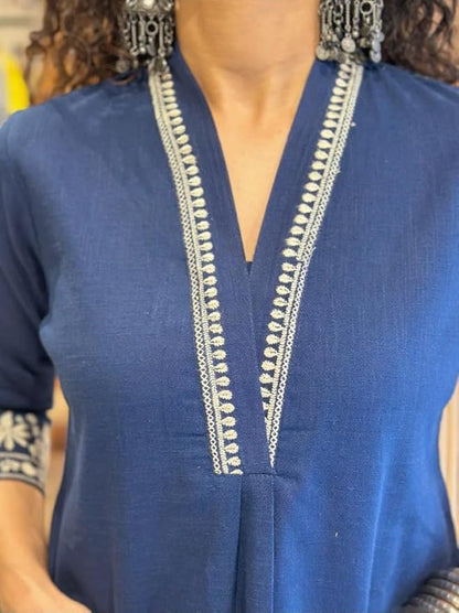 Khubsurat Dark Blue Slub Cotton Co-ord Set with Embroidery & Lace Work