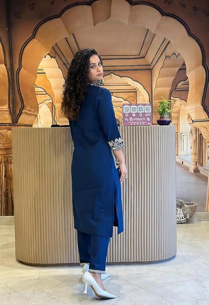 Khubsurat Dark Blue Slub Cotton Co-ord Set with Embroidery & Lace Work