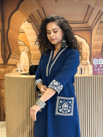 Khubsurat Dark Blue Slub Cotton Co-ord Set with Embroidery & Lace Work