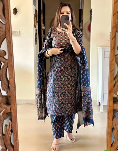 Blue pure Cotton Ajrakh Print Kurta Set For Women & Girls