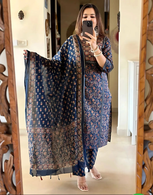 Blue pure Cotton Ajrakh Print Kurta Set For Women & Girls
