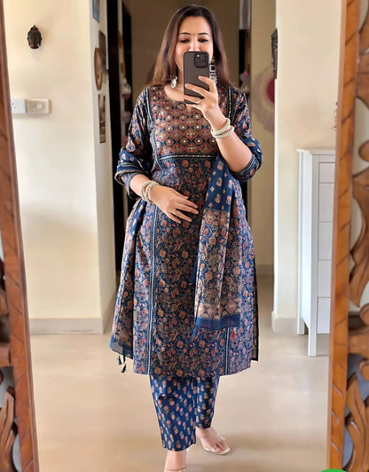 Blue pure Cotton Ajrakh Print Kurta Set For Women & Girls