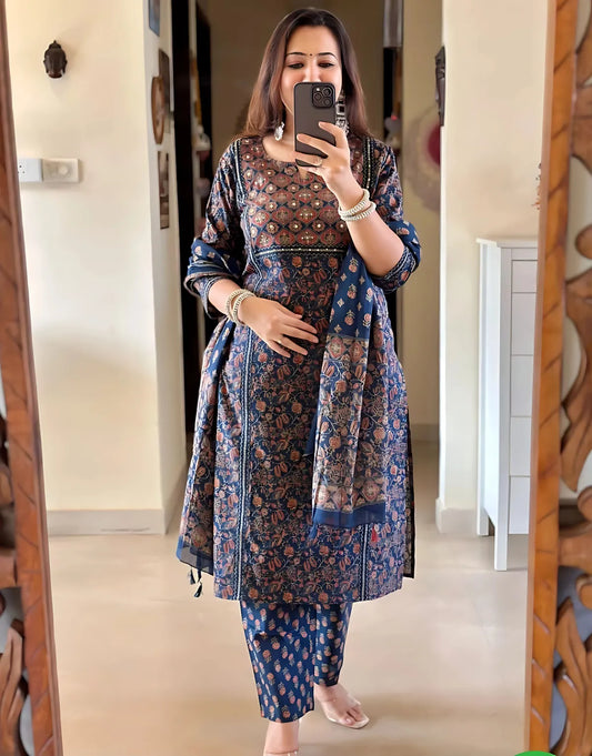 Blue pure Cotton Ajrakh Print Kurta Set For Women & Girls