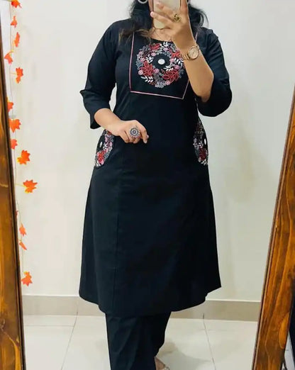 Black Soft Cotton Slub Embroidery Work Kurt Set