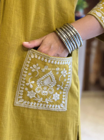 Royal Jaipur Kurti Mustard Yellow Cotton Kurta With White Embroidery