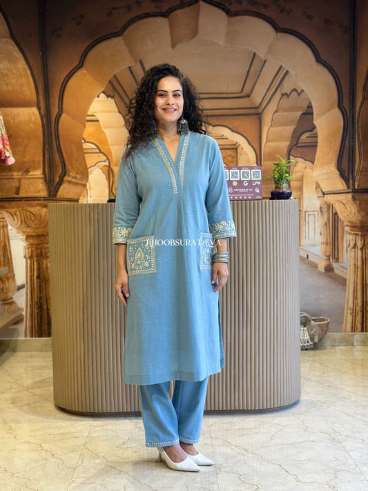 Royal Jaipur Kurti Elegant Sky Blue Embroidered Cotton Kurta Set