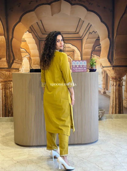 Royal Jaipur Kurti Mustard Yellow Cotton Kurta With White Embroidery