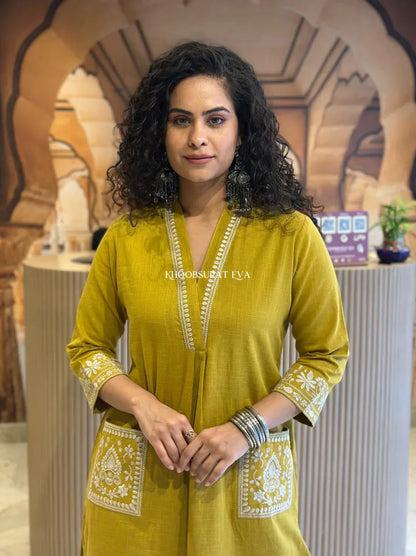 Royal Jaipur Kurti Mustard Yellow Cotton Kurta With White Embroidery