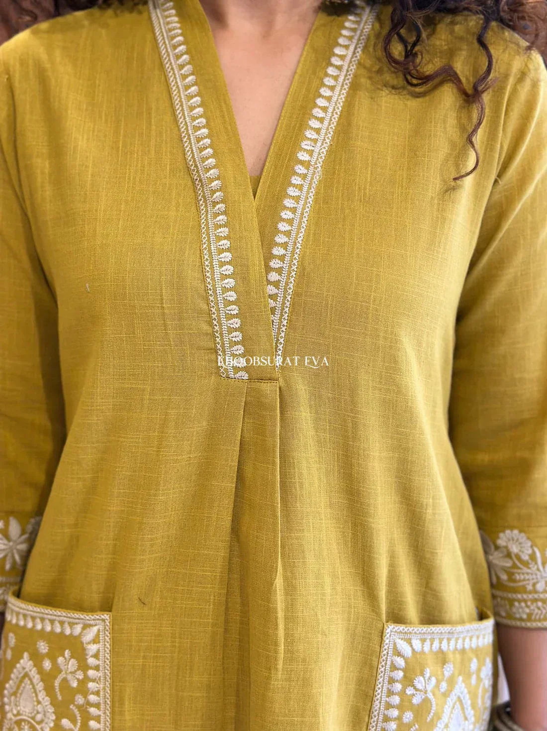 Royal Jaipur Kurti Mustard Yellow Cotton Kurta With White Embroidery