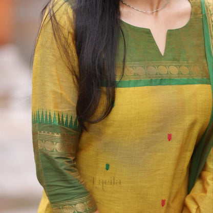 Elegant Kanchi Cotton Suit Set With Jacquard Dupatta