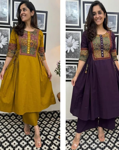 Purple Solid A-Line Kurti With Pant Set