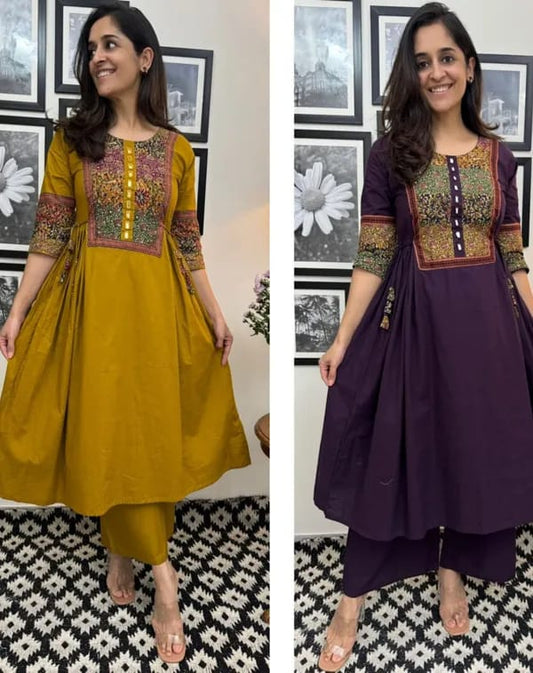 Purple Solid A-Line Kurti With Pant Set