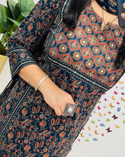 New Floral Kurti With Pant And Dupatta Set