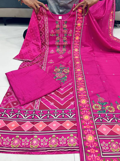 Pure Muslin New Arrivels Festivel Pink Rani Special 3 Piece Set