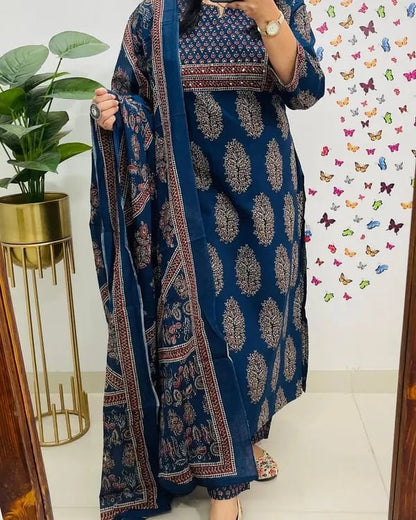 Beautiful Flower Print Kurti With Pant And Dupatta Set