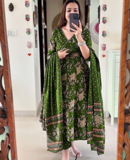 Angrakha Pattern Kurti With Pant And Dupatta Set