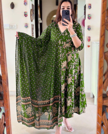 Angrakha Pattern Kurti With Pant And Dupatta Set