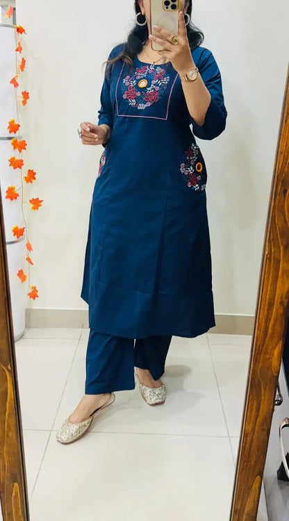 Blue Soft Cotton Slub Embroidery Work Kurt Set