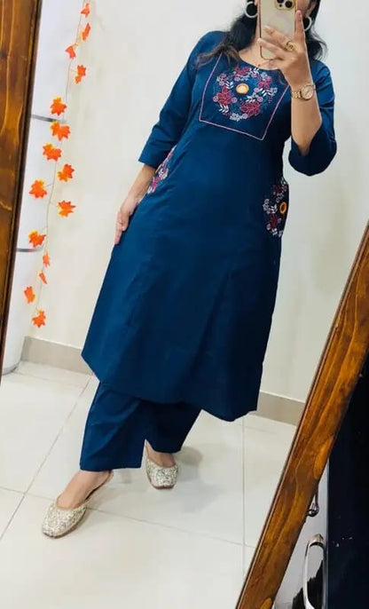 Blue Soft Cotton Slub Embroidery Work Kurt Set