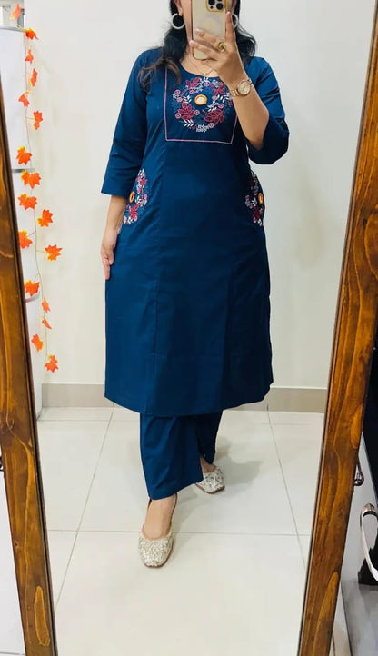 Blue Soft Cotton Slub Embroidery Work Kurt Set