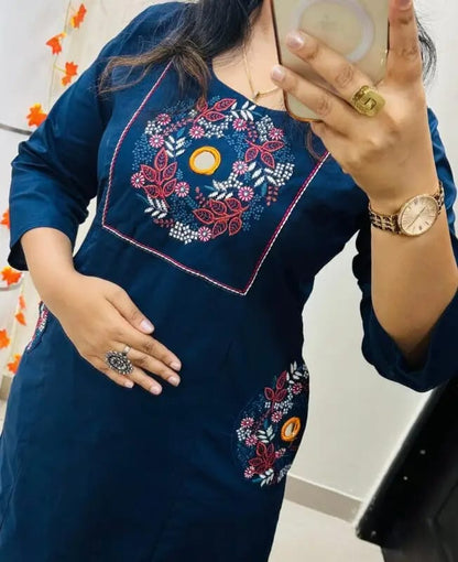 Blue Soft Cotton Slub Embroidery Work Kurt Set