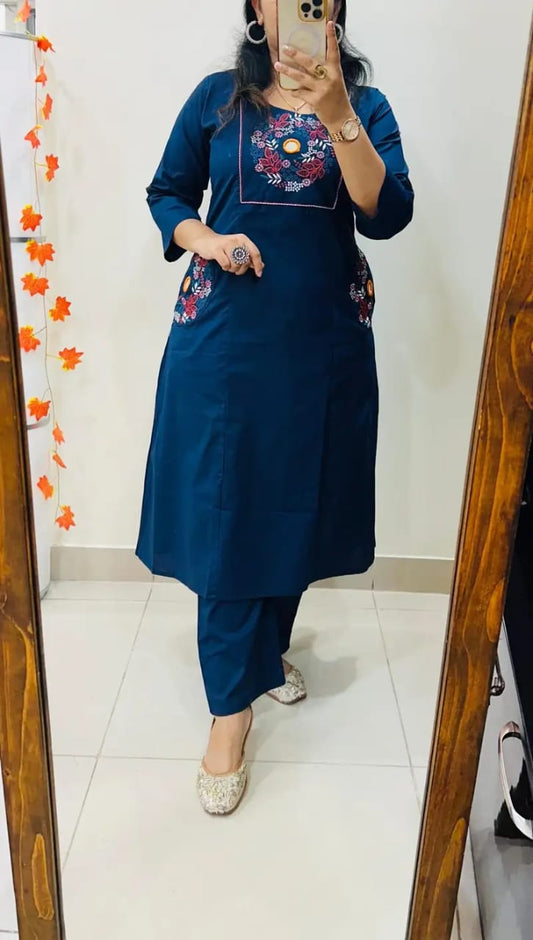 Blue Soft Cotton Slub Embroidery Work Kurt Set