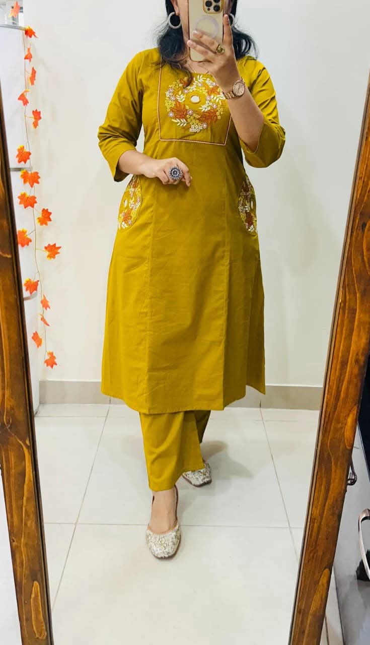 Mustard Yellow Soft Cotton Slub Embroidery Work Kurt Set