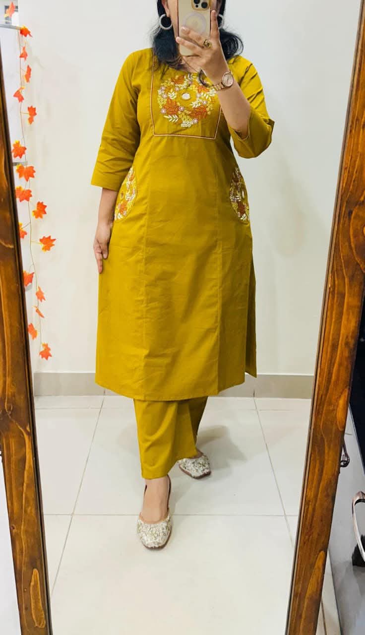 Mustard Yellow Soft Cotton Slub Embroidery Work Kurt Set
