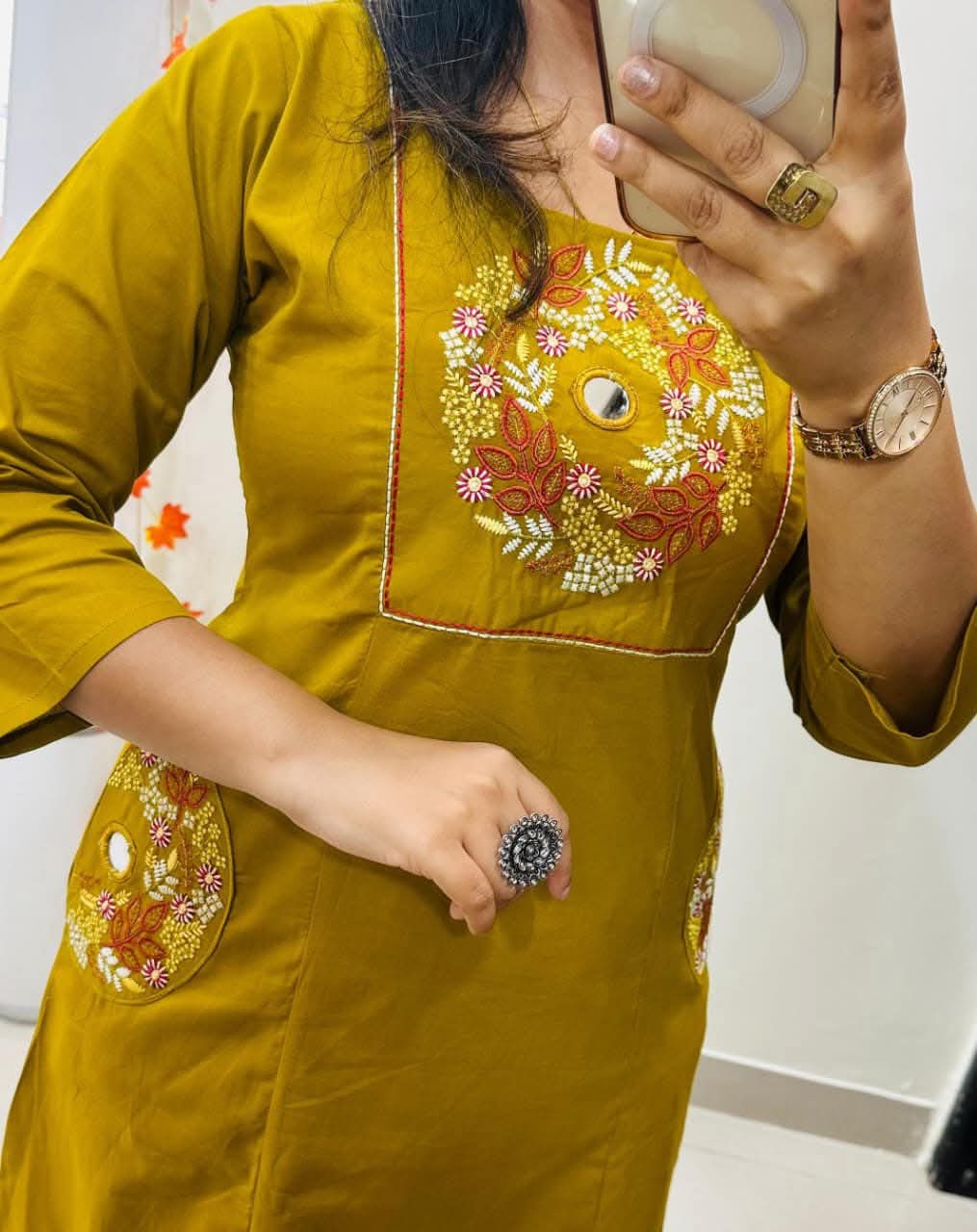 Mustard Yellow Soft Cotton Slub Embroidery Work Kurt Set