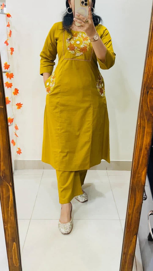 Mustard Yellow Soft Cotton Slub Embroidery Work Kurt Set