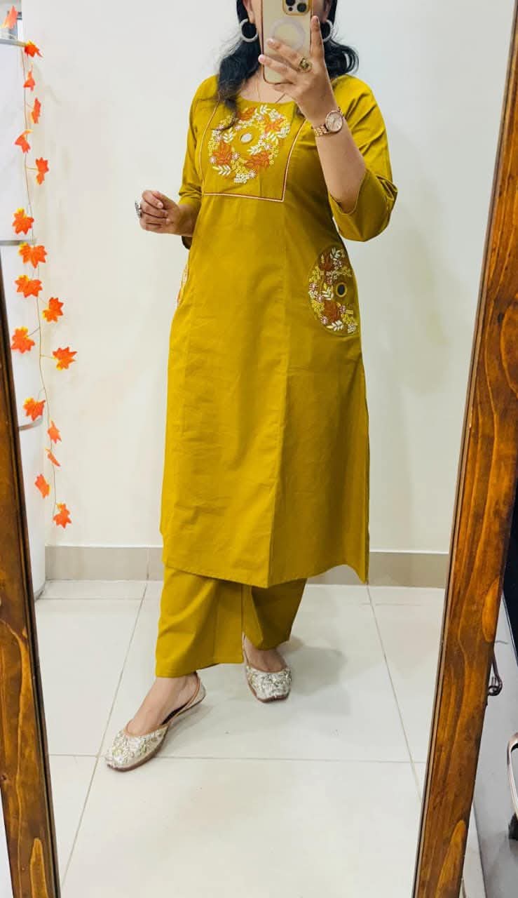 Mustard Yellow Soft Cotton Slub Embroidery Work Kurt Set