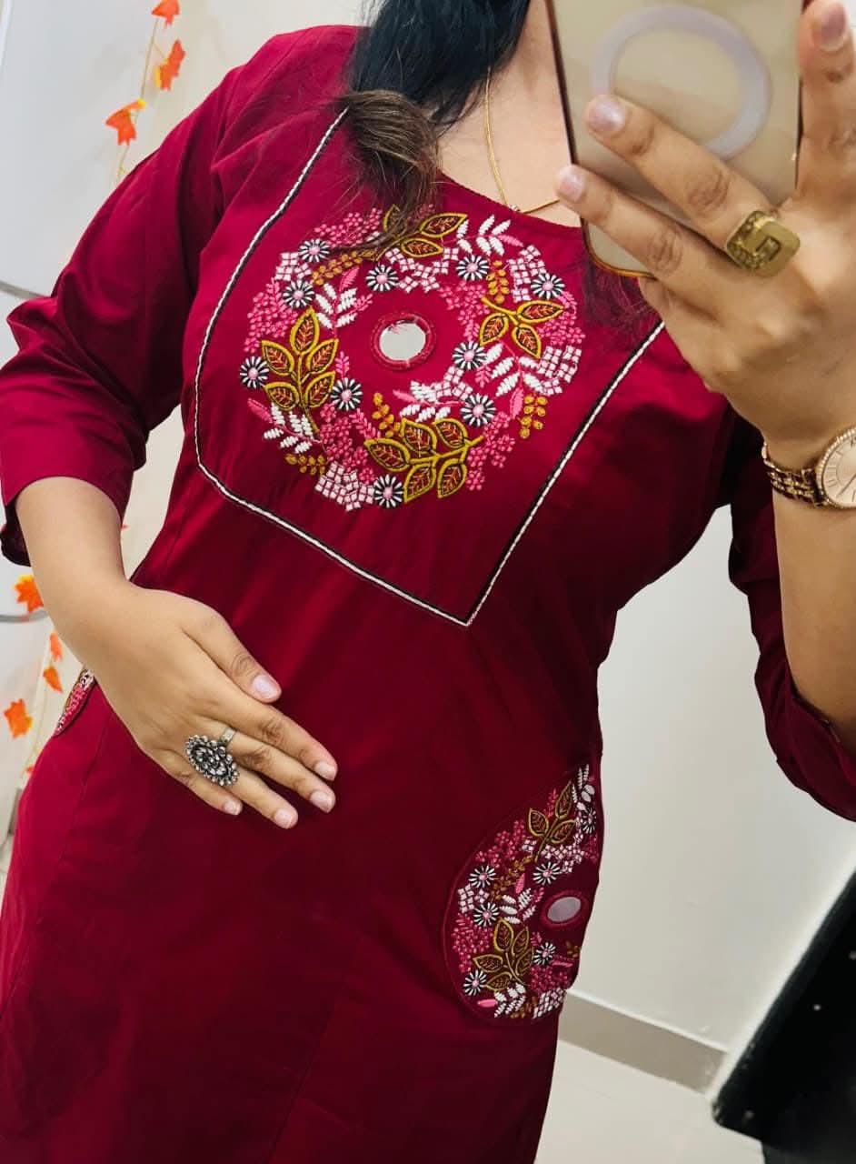 Red Soft Cotton Slub Embroidery Work Kurt Set