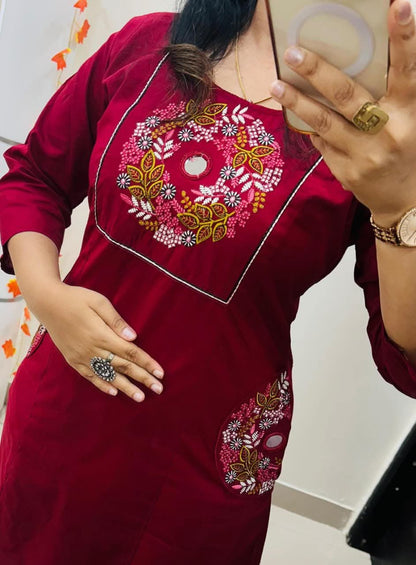 Red Soft Cotton Slub Embroidery Work Kurt Set