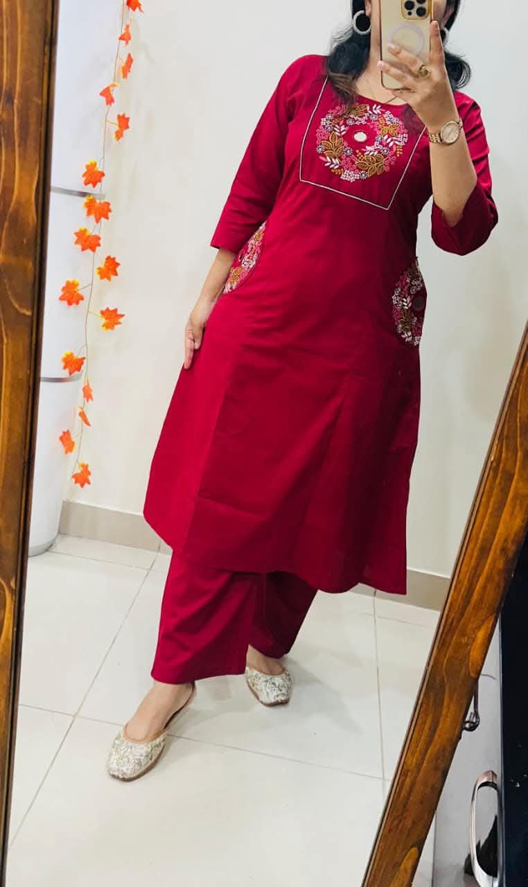Red Soft Cotton Slub Embroidery Work Kurt Set