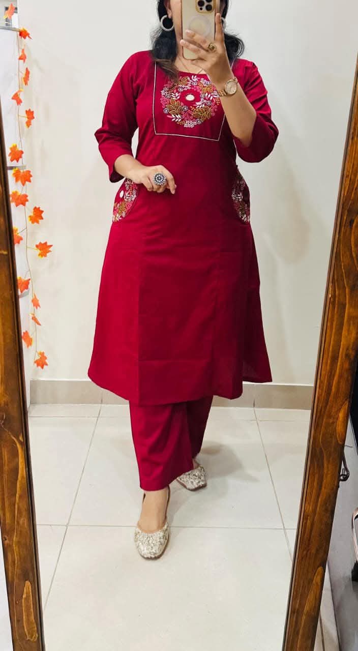 Red Soft Cotton Slub Embroidery Work Kurt Set