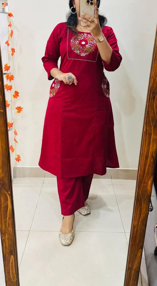 Red Soft Cotton Slub Embroidery Work Kurt Set