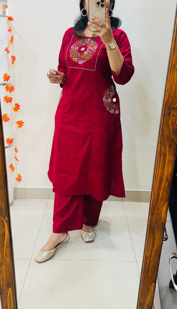 Red Soft Cotton Slub Embroidery Work Kurt Set