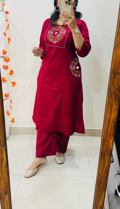 Red Soft Cotton Slub Embroidery Work Kurt Set