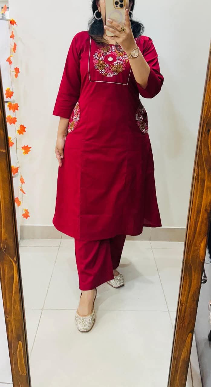Red Soft Cotton Slub Embroidery Work Kurt Set