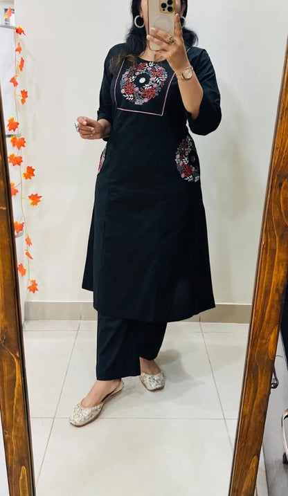 Black Soft Cotton Slub Embroidery Work Kurt Set