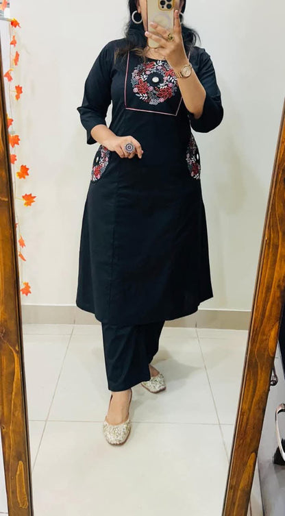 Black Soft Cotton Slub Embroidery Work Kurt Set