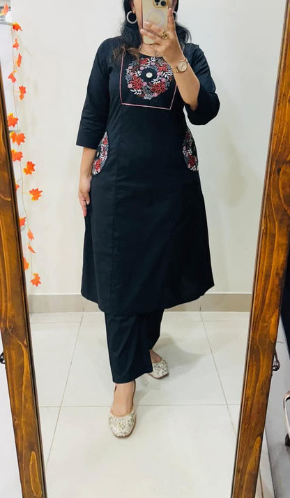 Black Soft Cotton Slub Embroidery Work Kurt Set