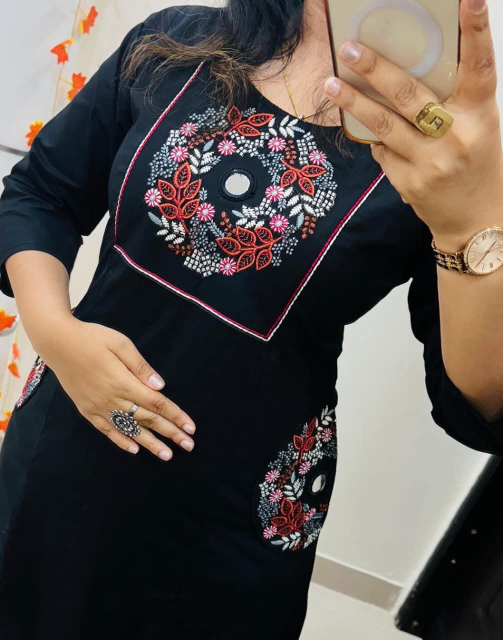 Black Soft Cotton Slub Embroidery Work Kurt Set