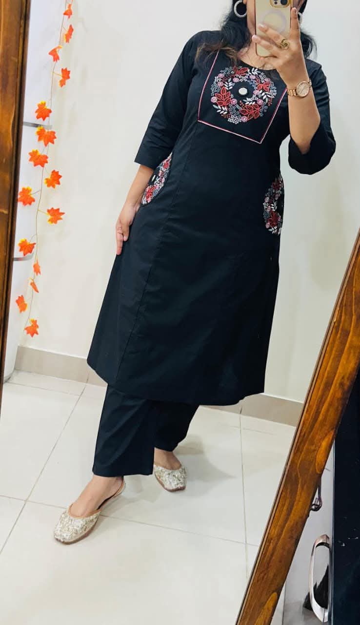 Black Soft Cotton Slub Embroidery Work Kurt Set